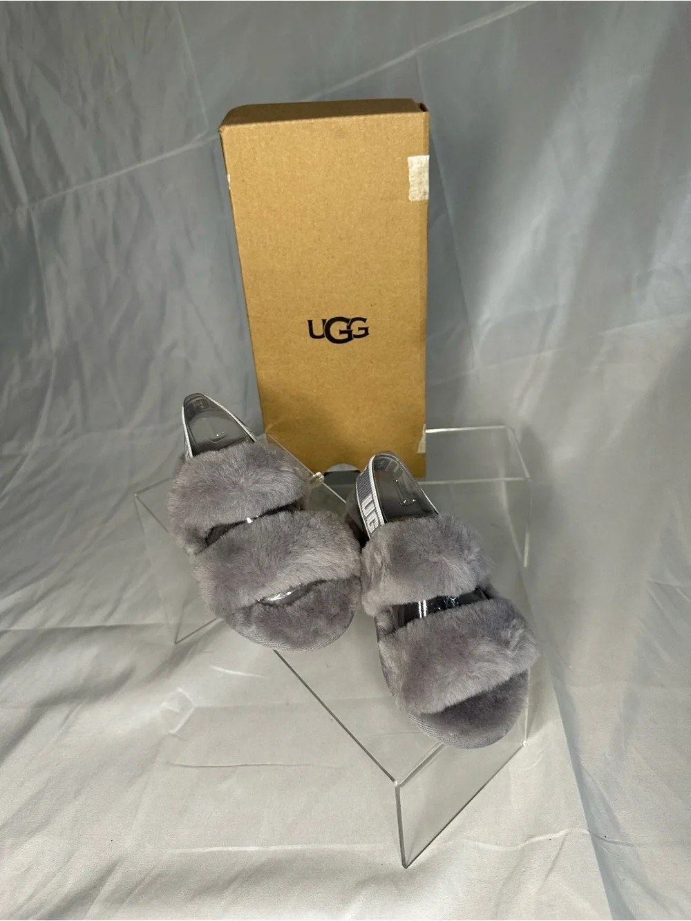 UGG kids  Grey Fluffy Slide Sandals with Back Strap